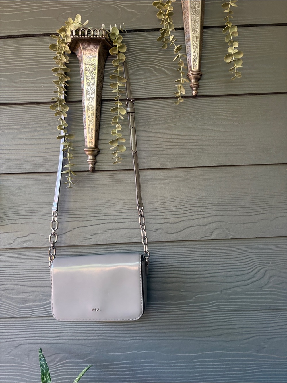 Lauren Ralph Lauren Light Gray Leather Chain Strap Crossbody Bag